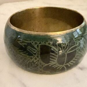 VINTAGE BRASS And Green Motif BANGLE BRACELET 1.5” And 2.75” Opening